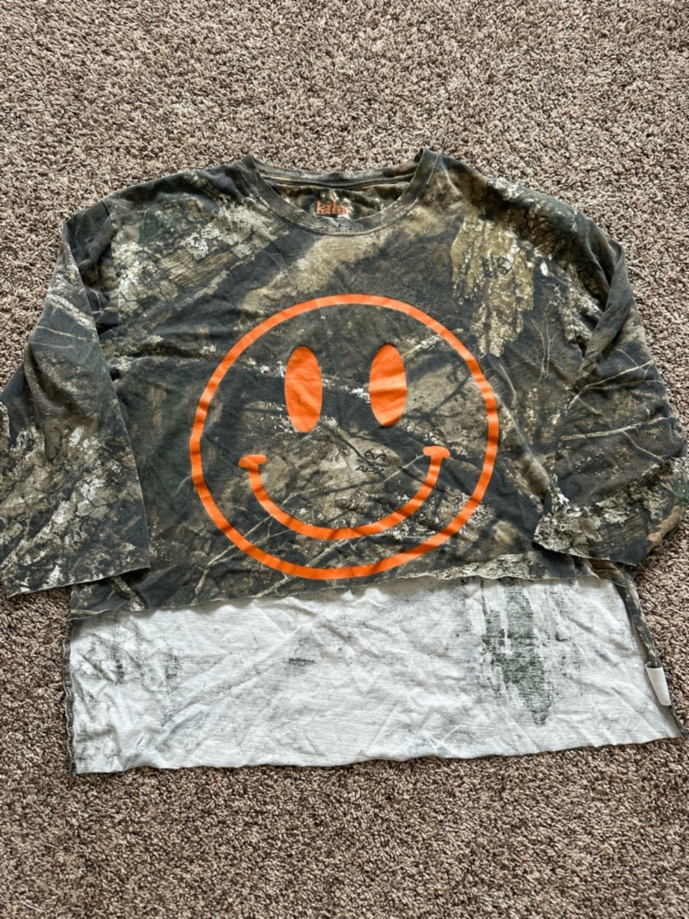 Dressed in LaLa Smile Custom Cut Graphic Top - Orange Smile on Camouflage